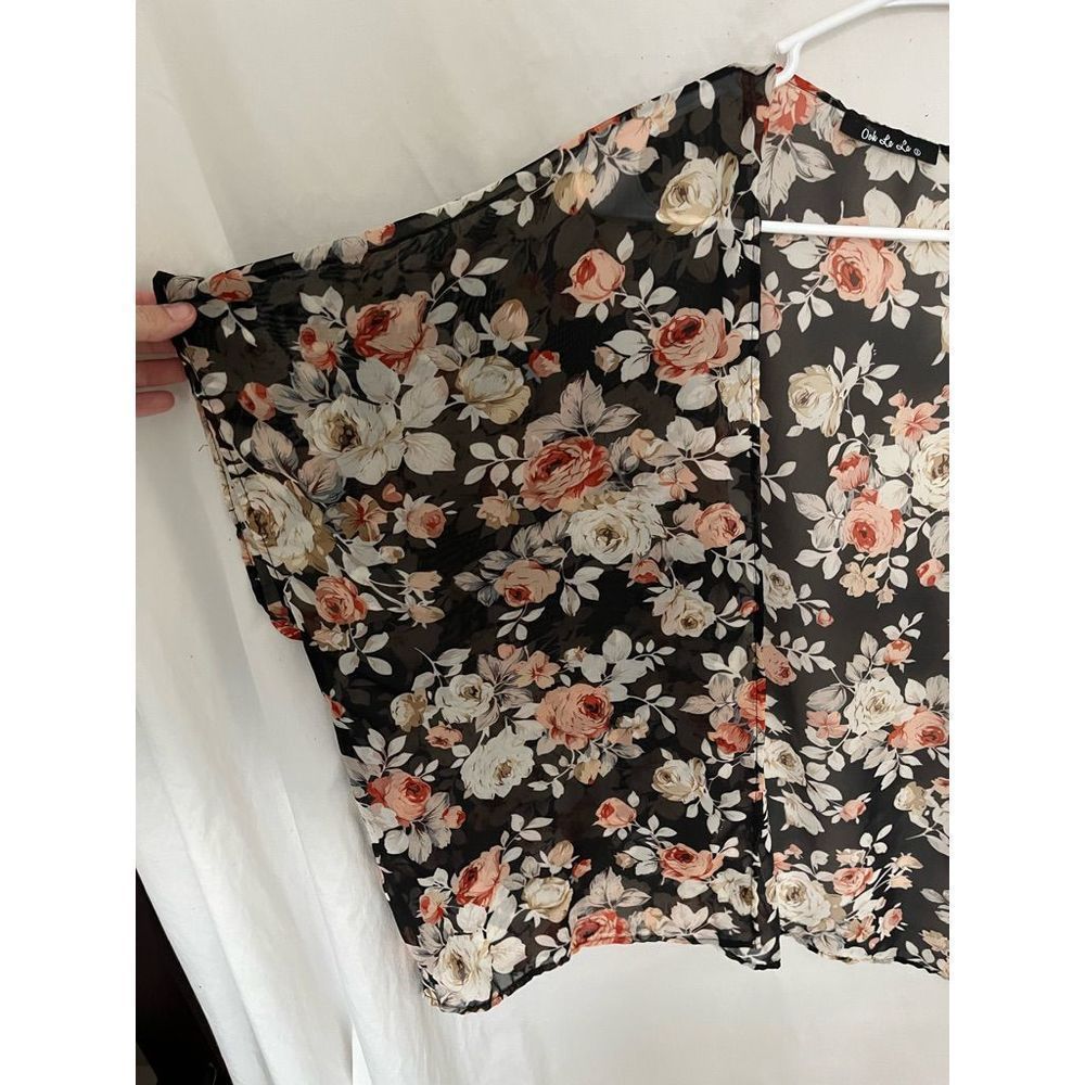 Sheer Black Floral Open Front Kimono - Picture 6 of 8